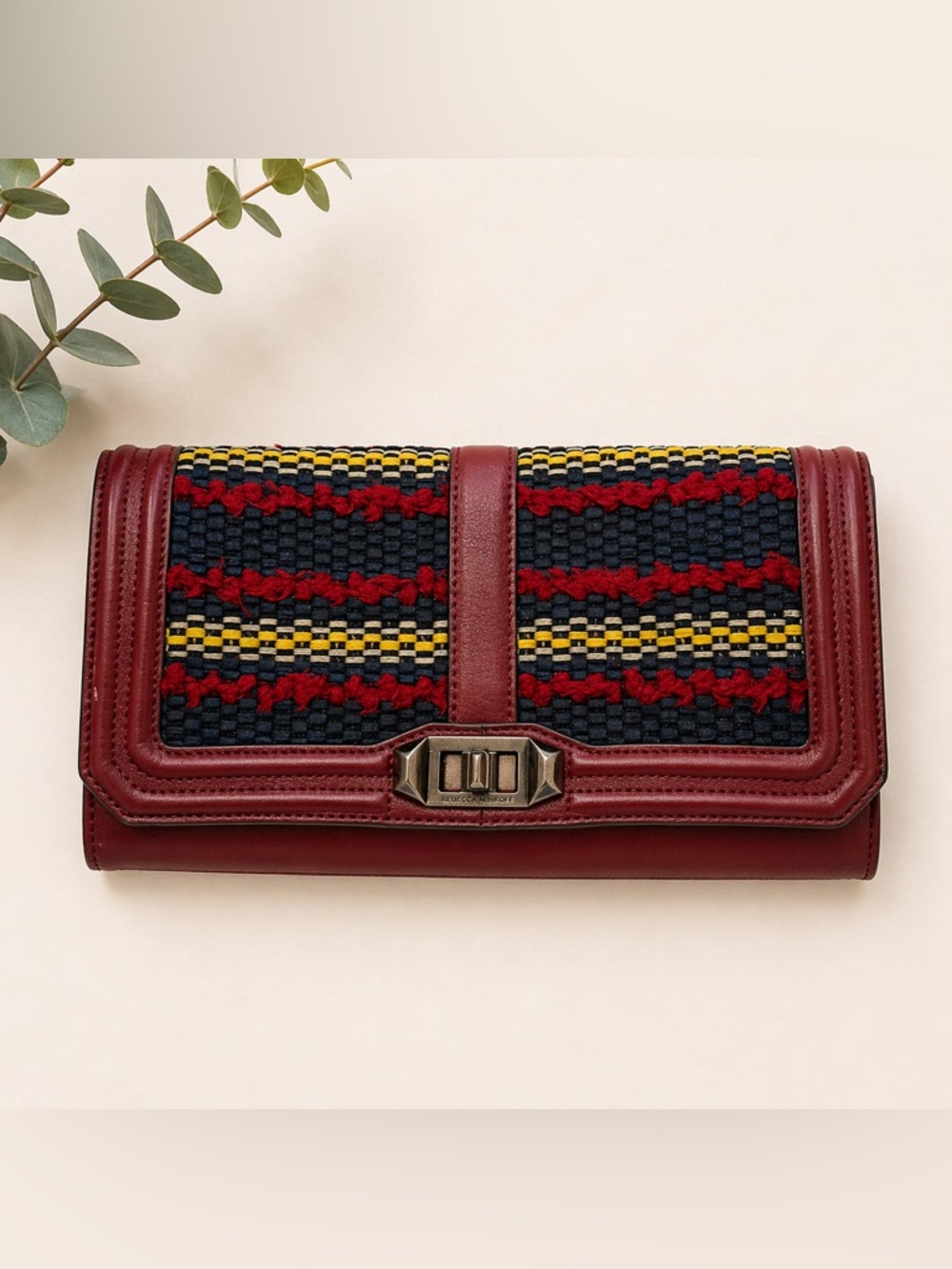 Rebecca Minkoff Leather Woven Clutch Boho Foldover Red Black Bag